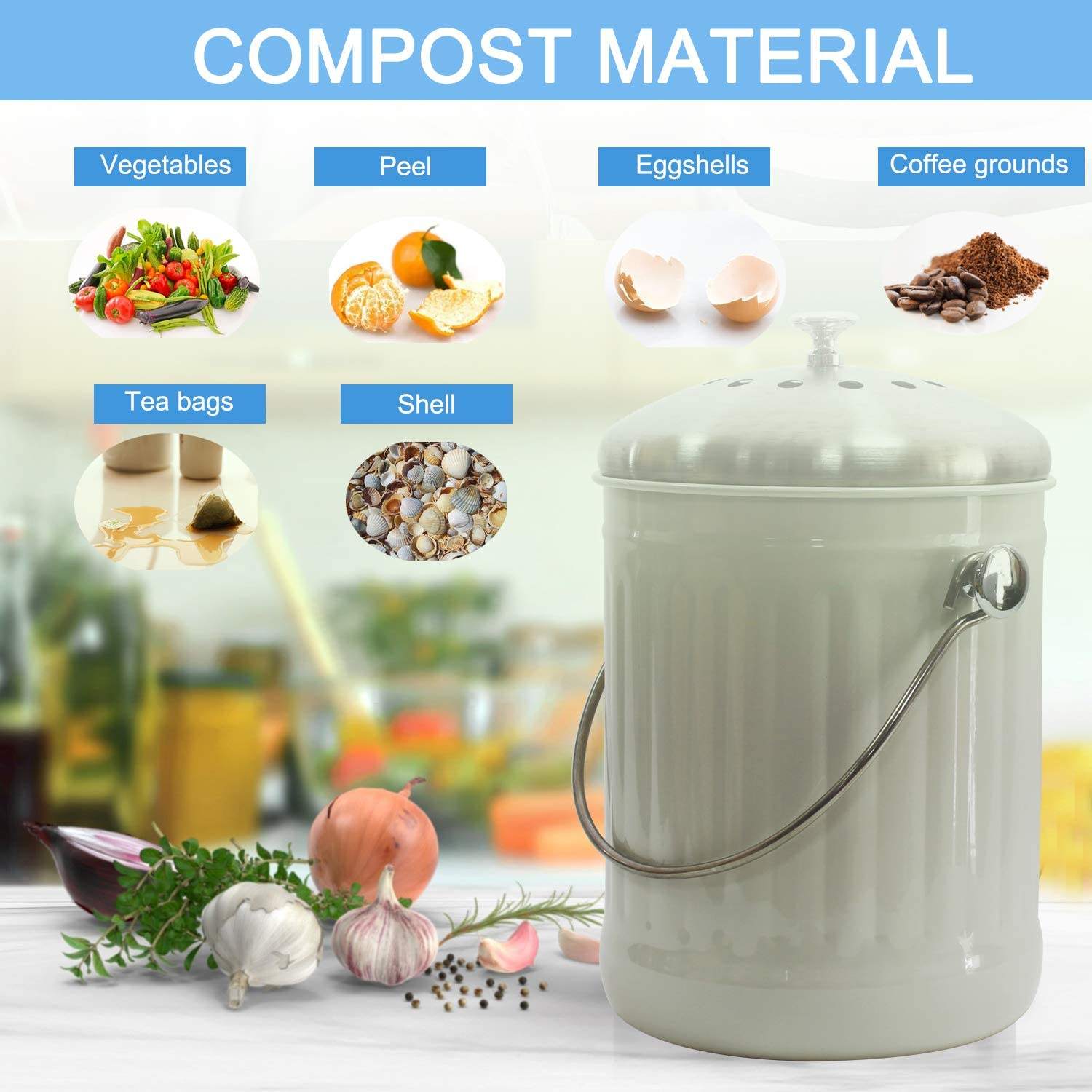 1.3 Gal Composter with Lid Gavinizational 아연 금속 주방 수조 녹 방지 퇴비 빈 숯 필터 포함