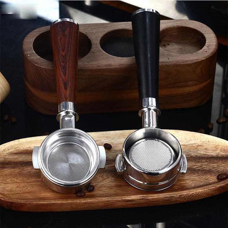 나무 손잡이가 있는 58mm 스테인리스 스틸 바닥 없는 커피 포터 필터를 판매하는 공장